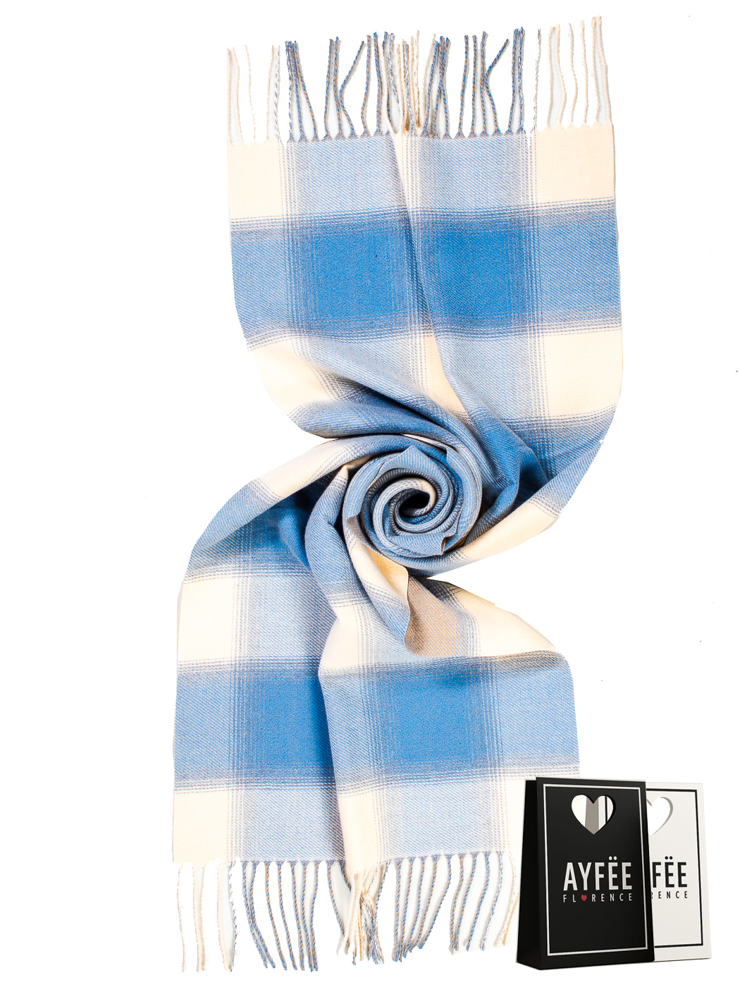 STOLA QUADRI CON FRANGE, 100%VI, MADE IN PRC  - LIGHT BLUE